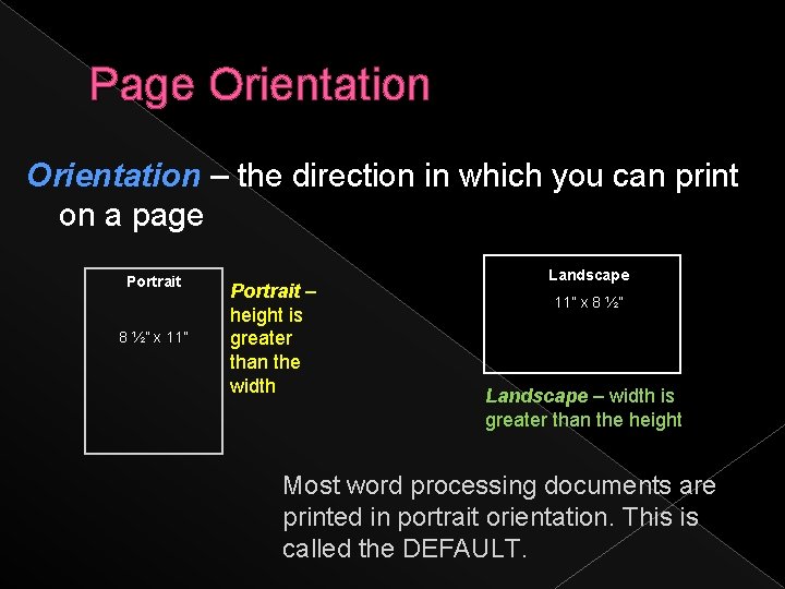 Page Orientation – the direction in which you can print on a page Portrait