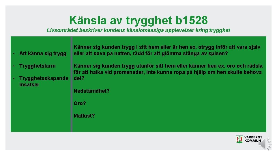 Känsla av trygghet b 1528 Livsområdet beskriver kundens känslomässiga upplevelser kring trygghet • Att