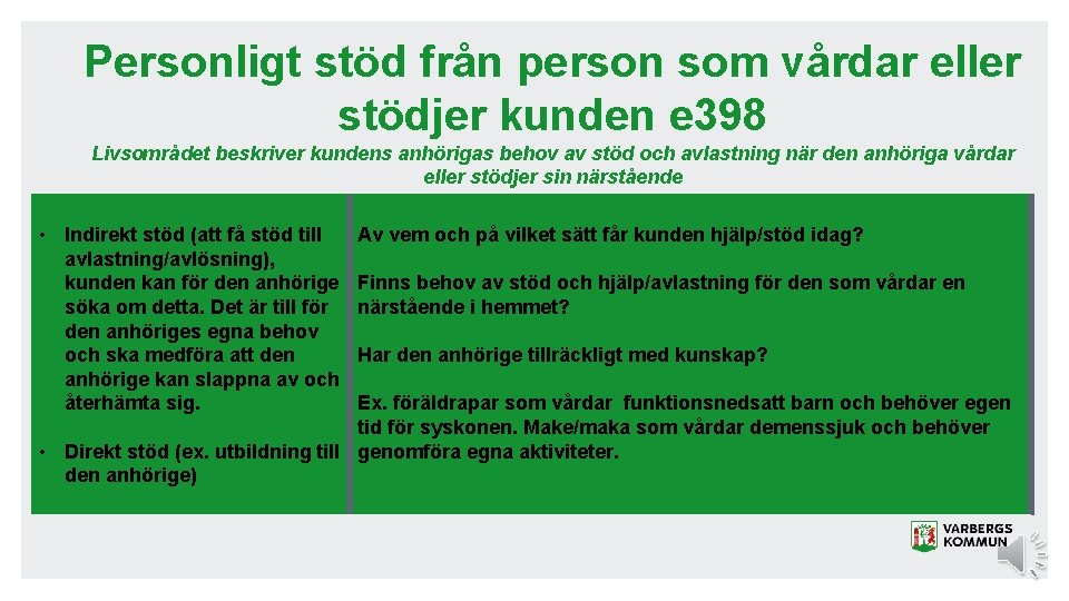 Personligt stöd från person som vårdar eller stödjer kunden e 398 Livsområdet beskriver kundens