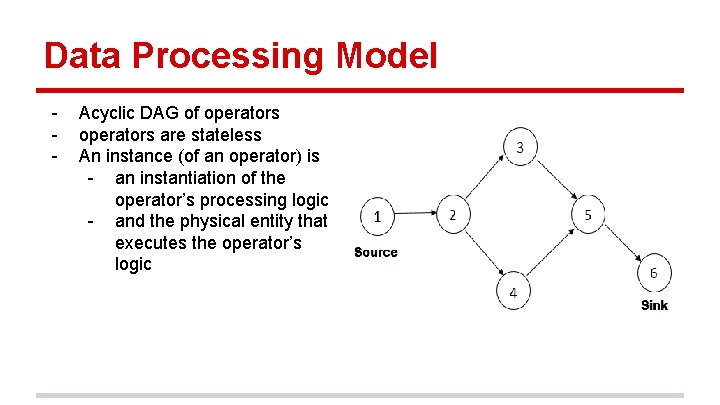 Data Processing Model - Acyclic DAG of operators are stateless An instance (of an