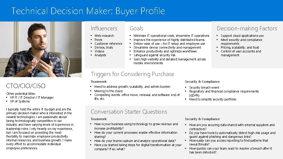 Technical Decision Maker: Buyer Profile Influencers • • • Web research Peers Customer reference