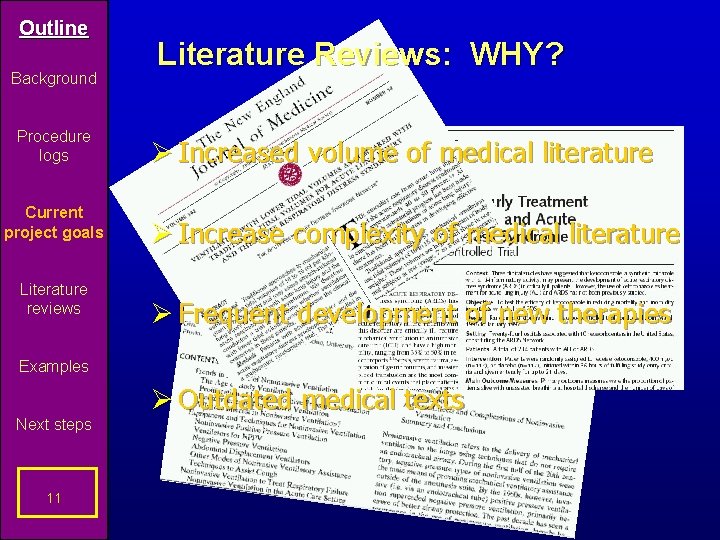 Outline Background Procedure logs Current project goals Literature reviews Literature Reviews: WHY? Ø Increased