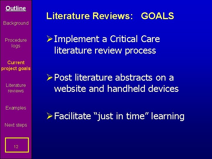 Outline Background Procedure logs Literature Reviews: GOALS Ø Implement a Critical Care literature review