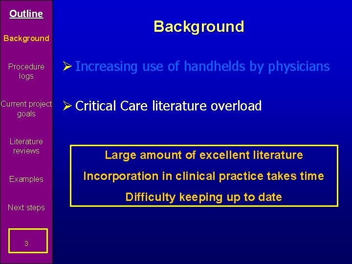 Outline Background Procedure logs Current project goals Literature reviews Examples Next steps 3 Background