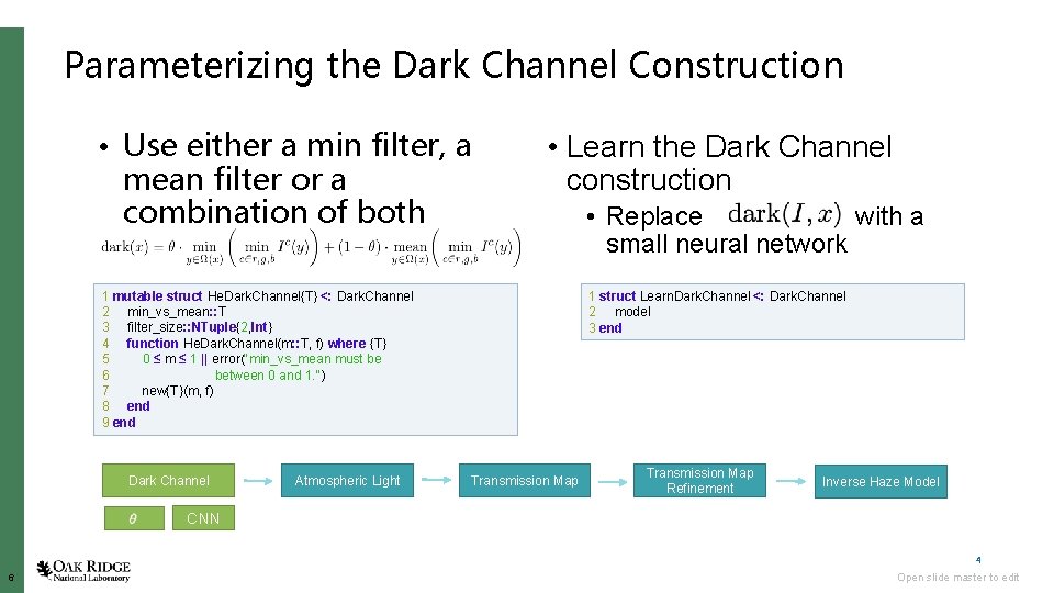 Parameterizing the Dark Channel Construction • Use either a min filter, a mean filter