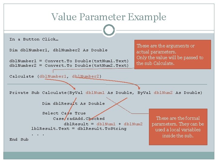 Value Parameter Example In a Button Click… Dim dbl. Number 1, dbl. Number 2