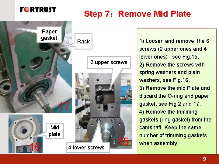 Step 7：Remove Mid Plate Paper gasket Rack 2 upper screws 17 Mid plate 16