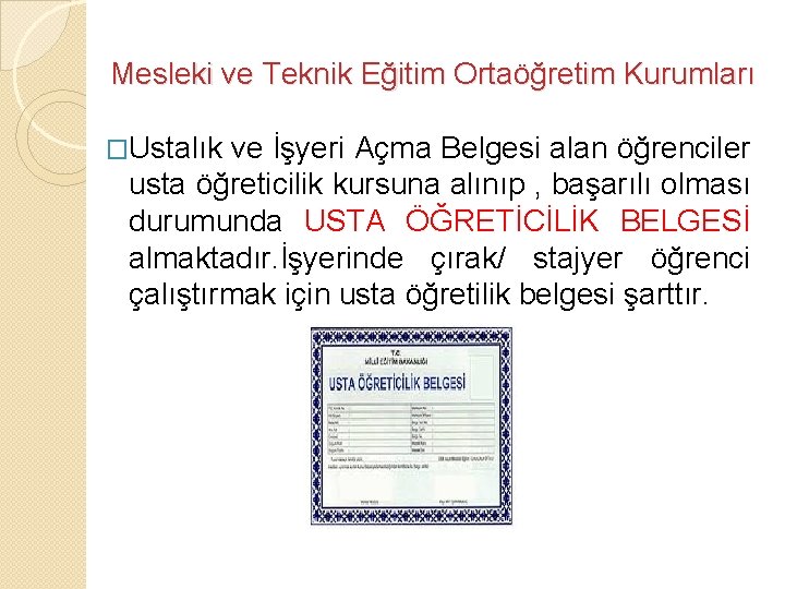 Mesleki ve Teknik Eğitim Ortaöğretim Kurumları �Ustalık ve İşyeri Açma Belgesi alan öğrenciler usta