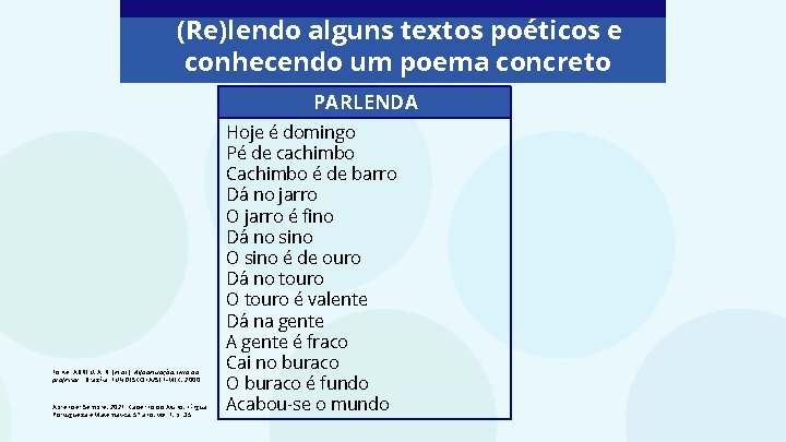 (Re)lendo alguns textos poéticos e conhecendo um poema concreto PARLENDA Fonte: ABREU, A. R.