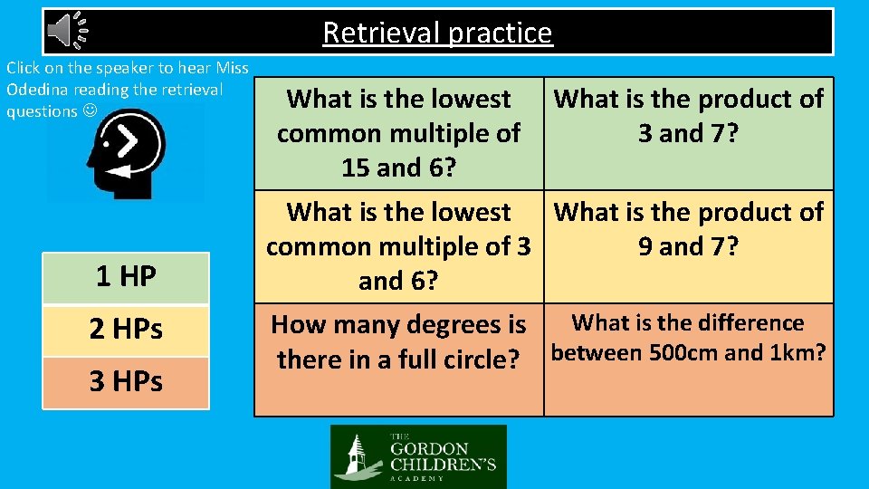 Retrieval practice Click on the speaker to hear Miss Odedina reading the retrieval questions