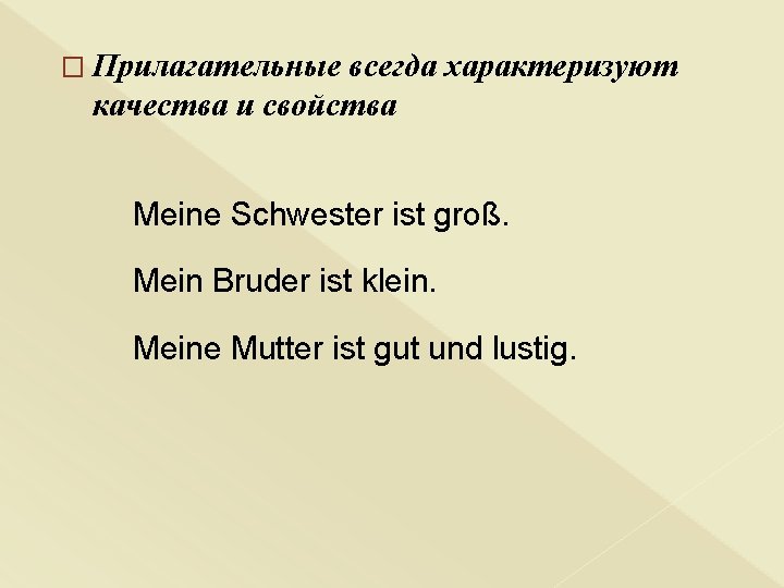 � Прилагательные всегда характеризуют качества и свойства Meine Schwester ist groß. Mein Bruder ist