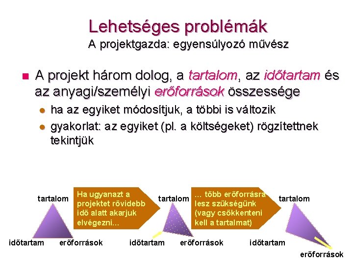 Lehetséges problémák A projektgazda: egyensúlyozó művész n A projekt három dolog, a tartalom, az