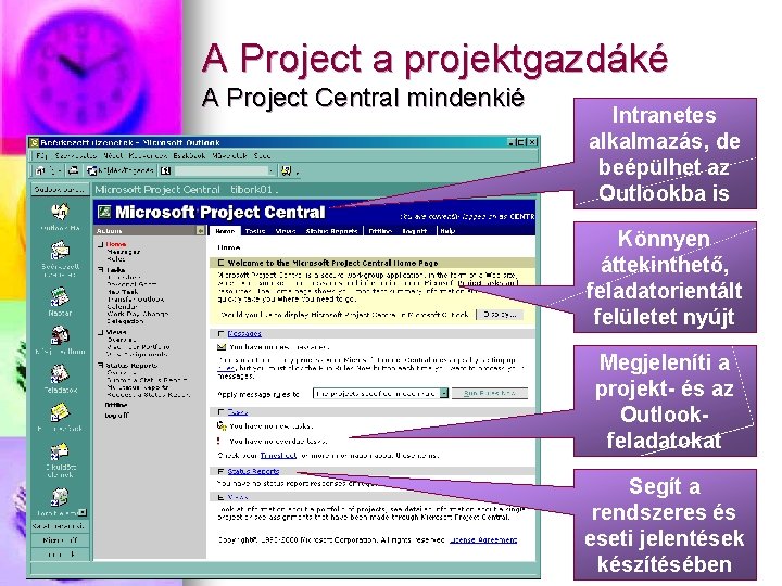 A Project a projektgazdáké A Project Central mindenkié Intranetes alkalmazás, de beépülhet az Outlookba