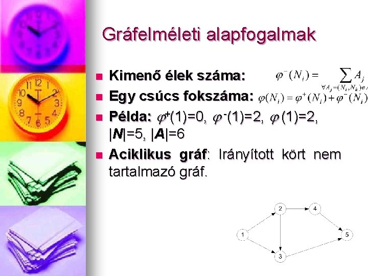 Gráfelméleti alapfogalmak n n Kimenő élek száma: Egy csúcs fokszáma: Példa: j+(1)=0, j -(1)=2,