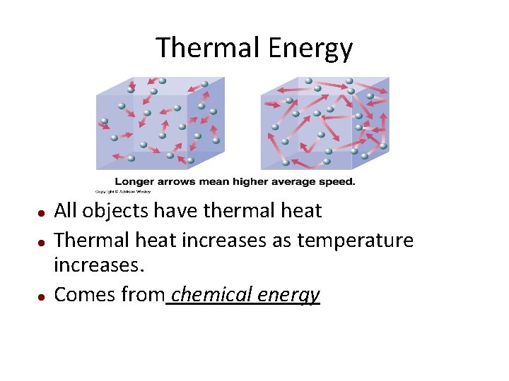 Thermal Energy All objects have thermal heat Thermal heat increases as temperature increases. Comes