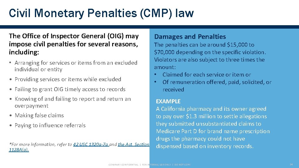 Civil Monetary Penalties (CMP) law The Office of Inspector General (OIG) may impose civil