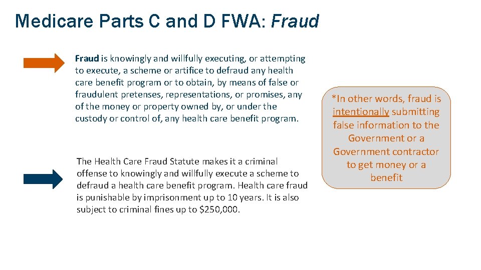 Medicare Parts C and D FWA: Fraud is knowingly and willfully executing, or attempting
