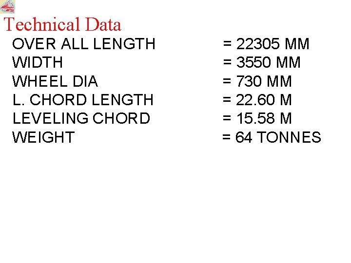 Technical Data OVER ALL LENGTH WIDTH WHEEL DIA L. CHORD LENGTH LEVELING CHORD WEIGHT