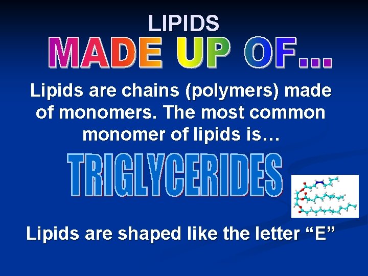 LIPIDS Lipids are chains (polymers) made of monomers. The most common monomer of lipids LIPIDS Lipids are chains (polymers) made of monomers. The most common monomer of lipids