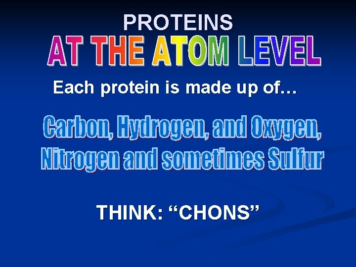 PROTEINS Each protein is made up of… THINK: “CHONS” PROTEINS Each protein is made up of… THINK: “CHONS”