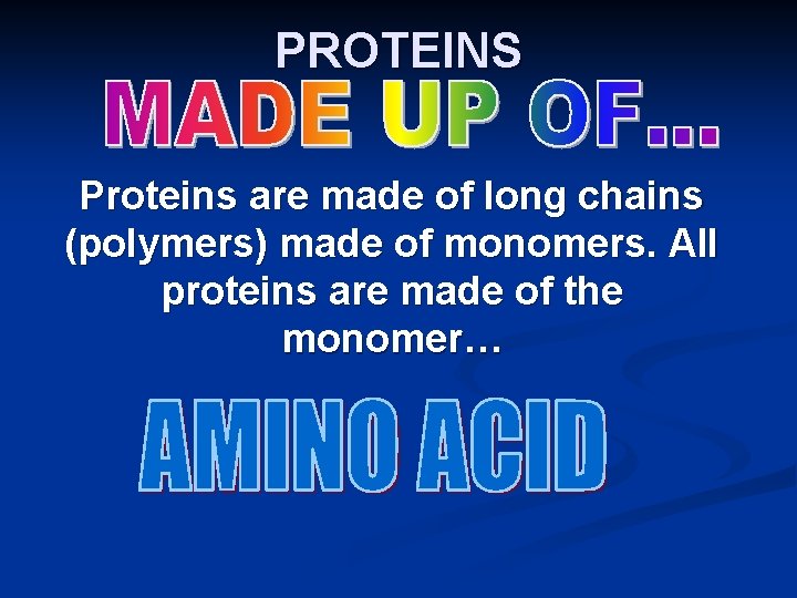 PROTEINS Proteins are made of long chains (polymers) made of monomers. All proteins are PROTEINS Proteins are made of long chains (polymers) made of monomers. All proteins are