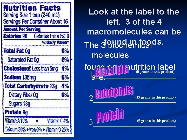 Look at the label to the left. 3 of the 4 macromolecules can be Look at the label to the left. 3 of the 4 macromolecules can be