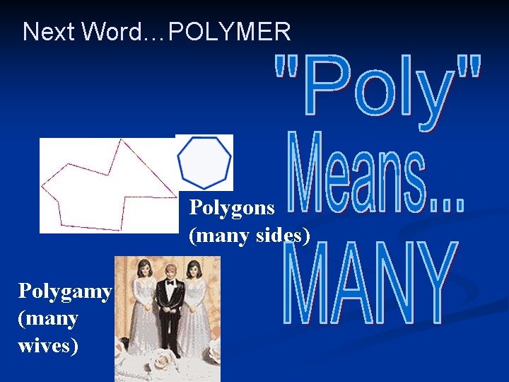 Next Word…POLYMER Polygons (many sides) Polygamy (many wives) Next Word…POLYMER Polygons (many sides) Polygamy (many wives)