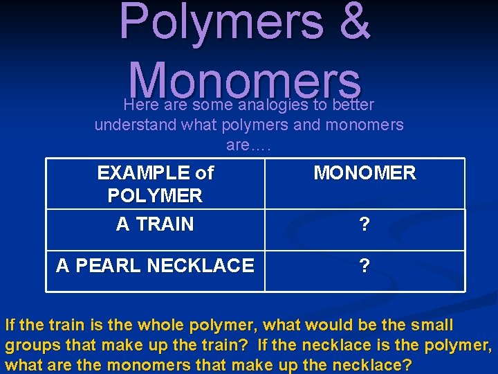 Polymers & Monomers Here are some analogies to better understand what polymers and monomers Polymers & Monomers Here are some analogies to better understand what polymers and monomers