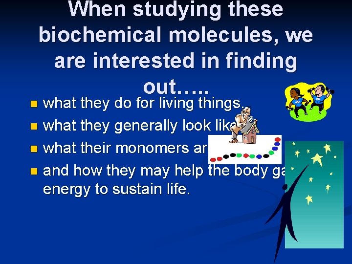 When studying these biochemical molecules, we are interested in finding out…. . what they When studying these biochemical molecules, we are interested in finding out…. . what they
