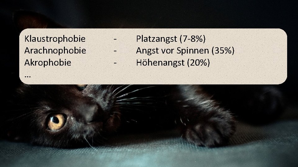 Klaustrophobie Arachnophobie Akrophobie … - Platzangst (7 -8%) Angst vor Spinnen (35%) Höhenangst (20%)