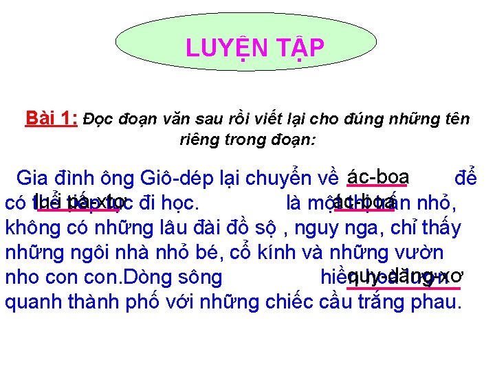 LUYỆN TẬP Bài 1: Đọc đoạn văn sau rồi viết lại cho đúng những