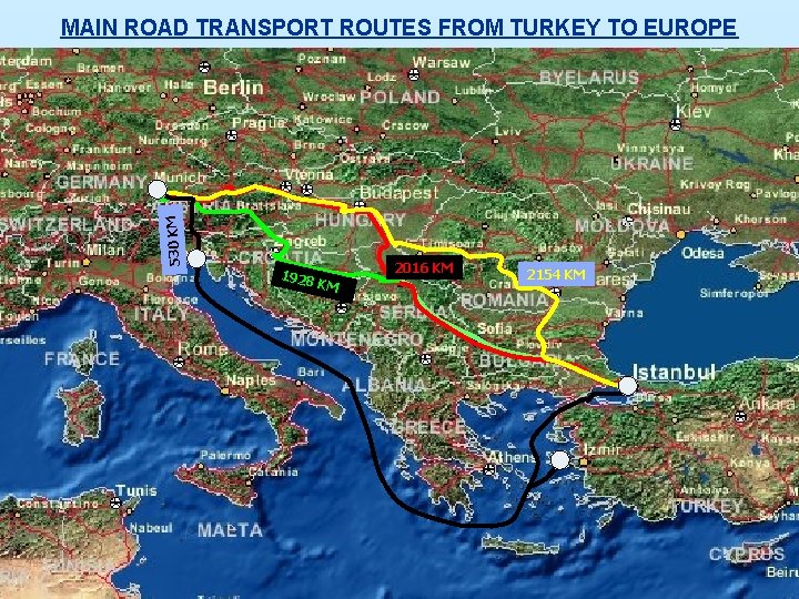 530 KM MAIN ROAD TRANSPORT ROUTES FROM TURKEY TO EUROPE 1928 KM 2016 KM
