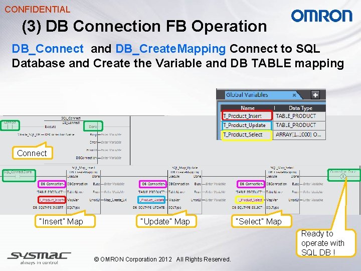CONFIDENTIAL (3) DB Connection FB Operation DB_Connect and DB_Create. Mapping Connect to SQL Database