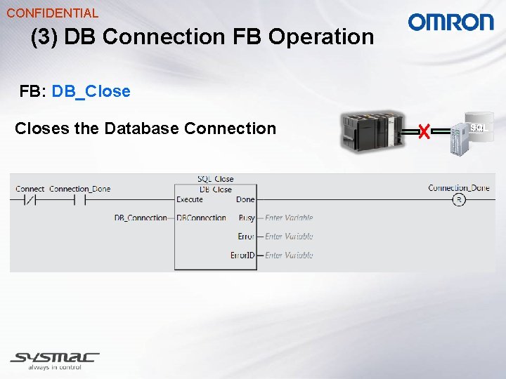 CONFIDENTIAL (3) DB Connection FB Operation FB: DB_Closes the Database Connection SQL 