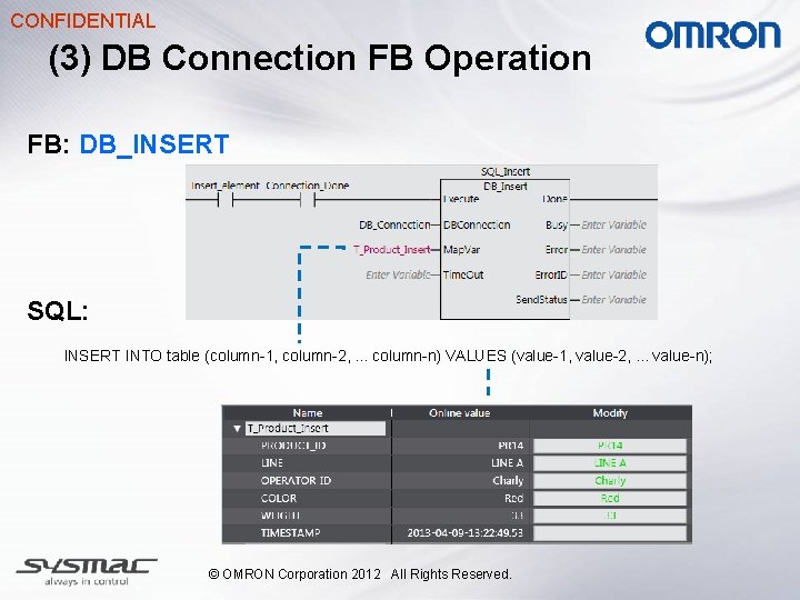 CONFIDENTIAL (3) DB Connection FB Operation FB: DB_INSERT SQL: INSERT INTO table (column-1, column-2,