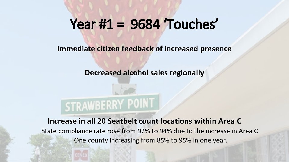 Year #1 = 9684 ‘Touches’ Immediate citizen feedback of increased presence Decreased alcohol sales