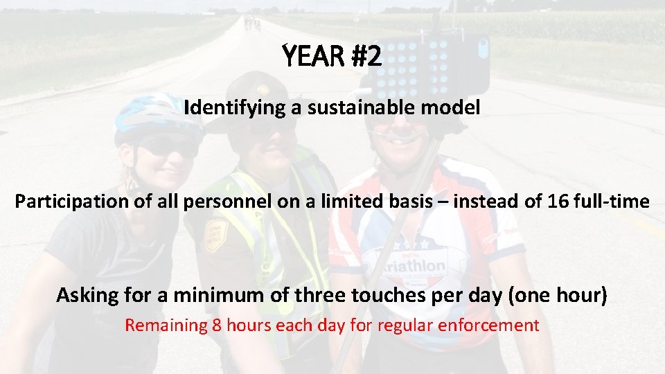 YEAR #2 Identifying a sustainable model Participation of all personnel on a limited basis