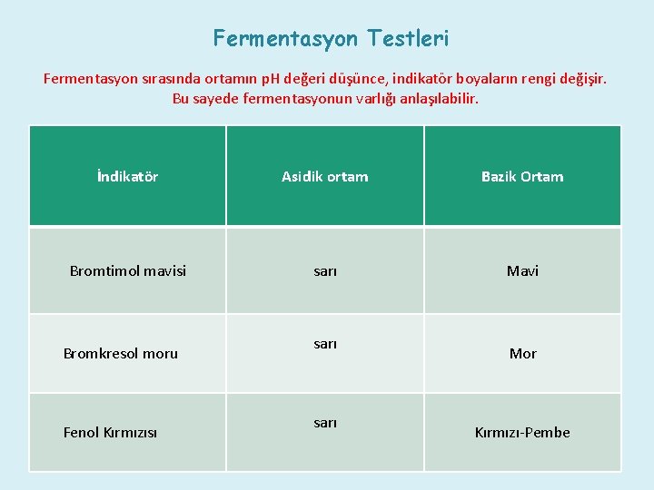 Fermentasyon Testleri Fermentasyon sırasında ortamın p. H değeri düşünce, indikatör boyaların rengi değişir. Bu