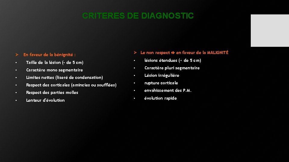 CRITERES DE DIAGNOSTIC Ø En faveur de la bénignité : Ø Le non respect CRITERES DE DIAGNOSTIC Ø En faveur de la bénignité : Ø Le non respect