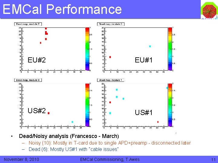 EMCal Performance • EU#2 EU#1 US#2 US#1 Dead/Noisy analysis (Francesco - March) – Noisy