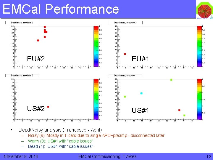 EMCal Performance • EU#2 EU#1 US#2 US#1 Dead/Noisy analysis (Francesco - April) – Noisy