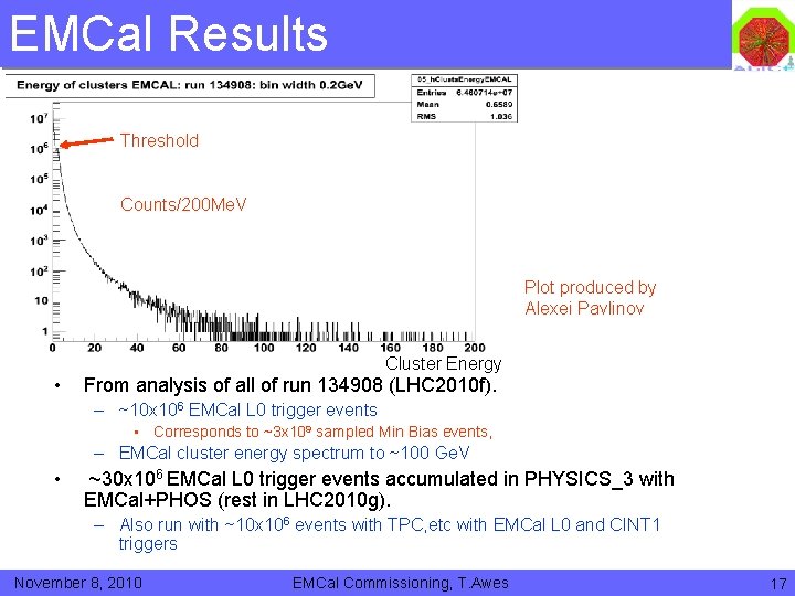 EMCal Results Threshold Counts/200 Me. V Plot produced by Alexei Pavlinov Cluster Energy •