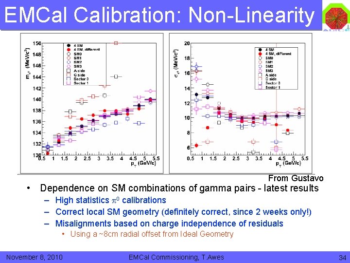 EMCal Calibration: Non-Linearity From Gustavo • Dependence on SM combinations of gamma pairs -