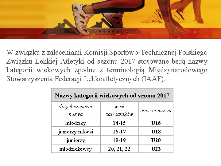 W związku z zaleceniami Komisji Sportowo-Technicznej Polskiego Związku Lekkiej Atletyki od sezonu 2017 stosowane