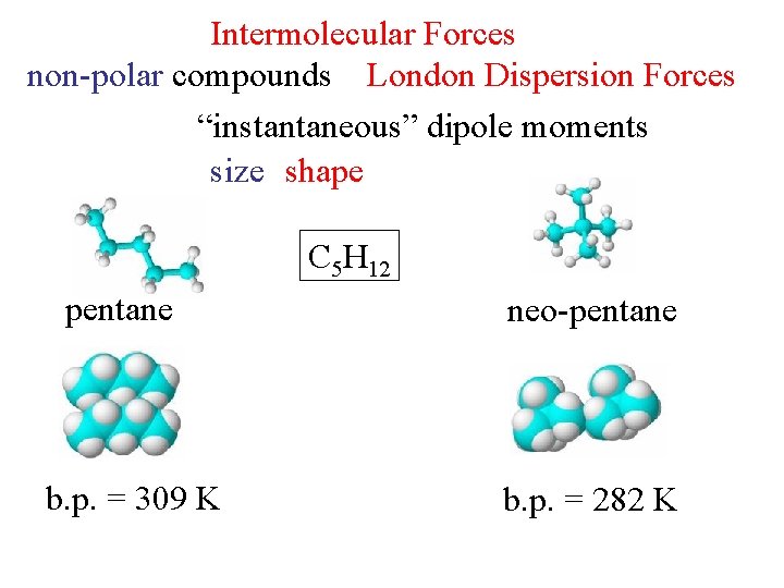 Intermolecular Forces non-polar compounds London Dispersion Forces “instantaneous” dipole moments size shape C 5