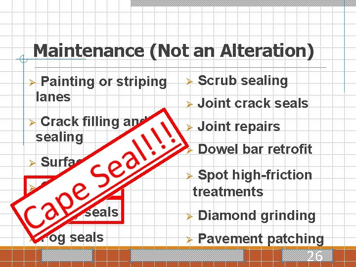 Maintenance (Not an Alteration) Painting or striping lanes Ø Crack filling and sealing Ø