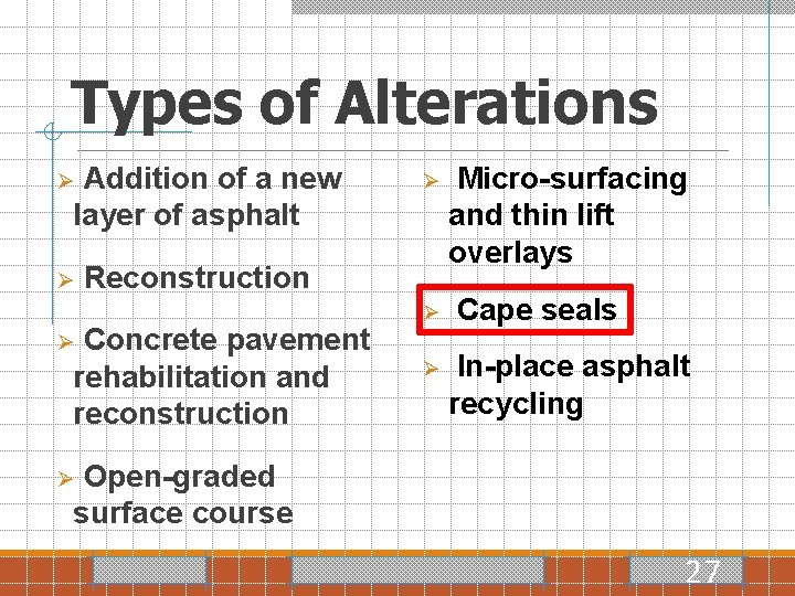 Types of Alterations Addition of a new layer of asphalt Ø Ø Ø Reconstruction