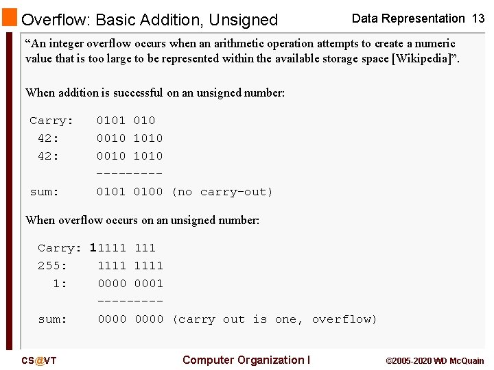 Overflow: Basic Addition, Unsigned Data Representation 13 “An integer overflow occurs when an arithmetic