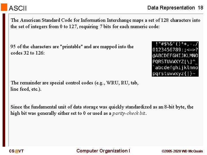 ASCII Data Representation 18 The American Standard Code for Information Interchange maps a set ASCII Data Representation 18 The American Standard Code for Information Interchange maps a set