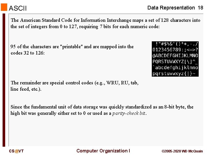 ASCII Data Representation 18 The American Standard Code for Information Interchange maps a set